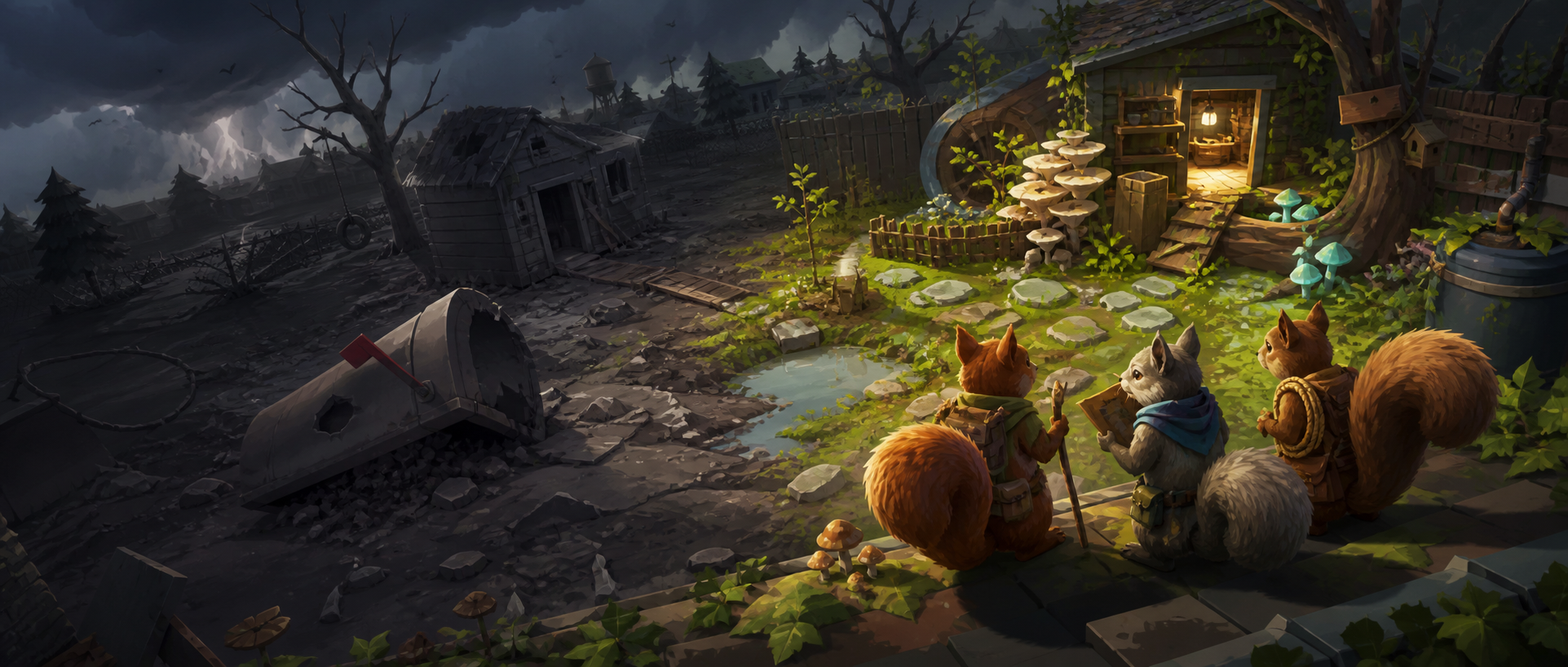 Three squirrels in scavenged gear look out from a mossy garden of glowing mushrooms and a lantern-lit shed toward a storm-darkened suburb of ruined houses, bare trees and a toppled mailbox.